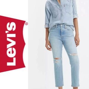 Levi's Button Fly Wedgie Straight Distressed High Rise Light Wash Jeans